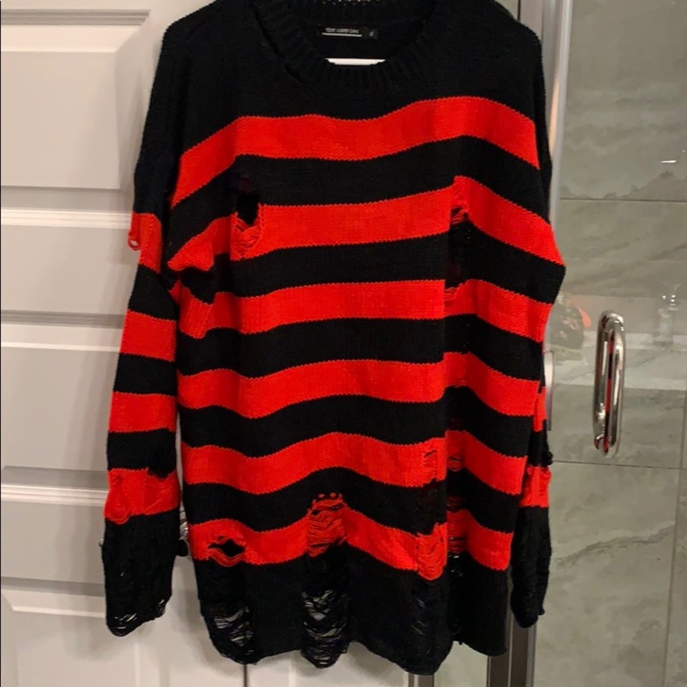 Black and Red Striped Ripped Sweater